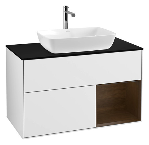 V&B Waschtisch-Unterschrank Wandbeleuchtung Finion 100cm, Abdeckplatte black matt, Regal Walnut Veneer, Glossy white lacquer