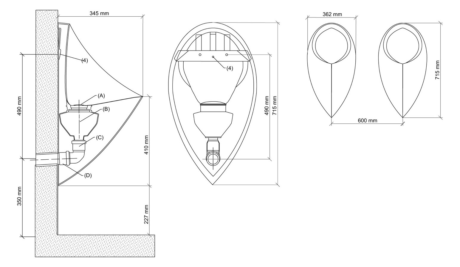 Sanit Urinal Admiral mini Glasfiber, mit HT-Deckel, Anschluss horizontal, weiß