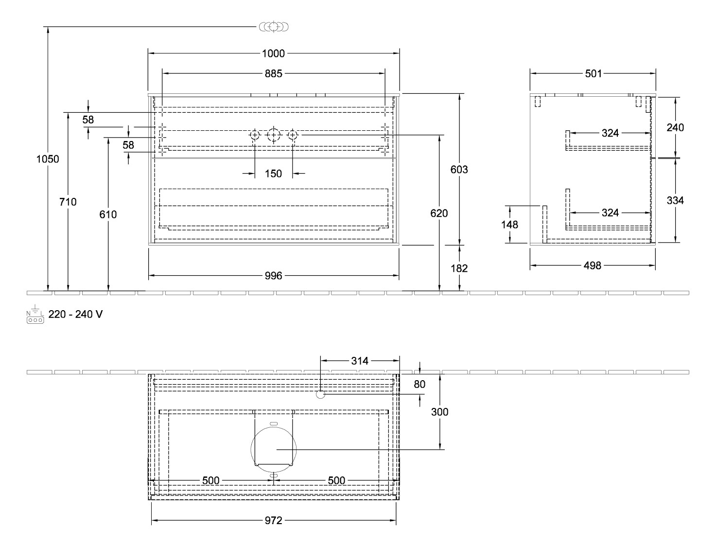 V&B Waschtisch-Unterschrank Finion 100x60,3cm, Abdeckplatte black matt, Midnight Blue Matt Lacquer