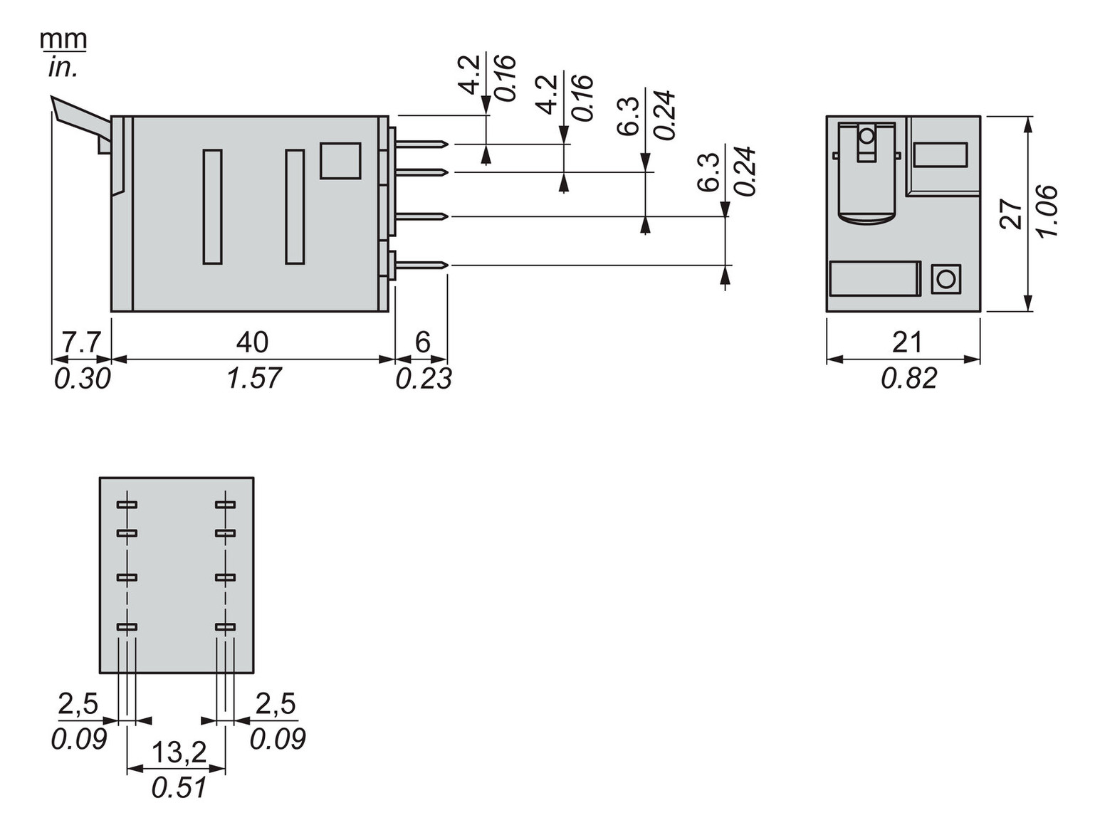 Schaltrelais 2W IP20 21x27x47mm Steckanschl