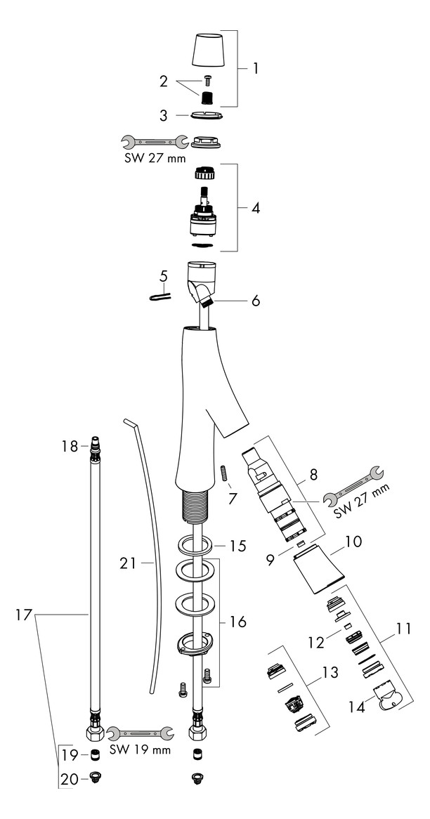 hansgrohe Waschtisch-Zweigriff-Armatur 50 Axor Starck Organic Ausladung 109mm, mit Zugstangen-Ablaufgarnitur, für Handwaschbecken, chrom