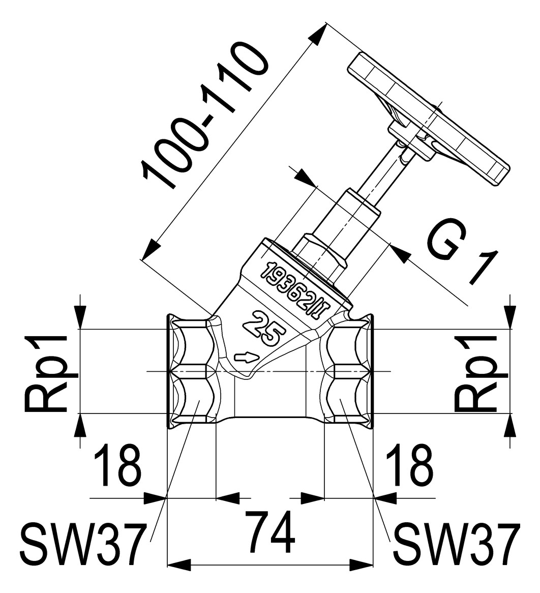 Schlösser Schrägsitzventil 1405 DN 25, Rp 1, ohne Entleerung, steigende Spindel