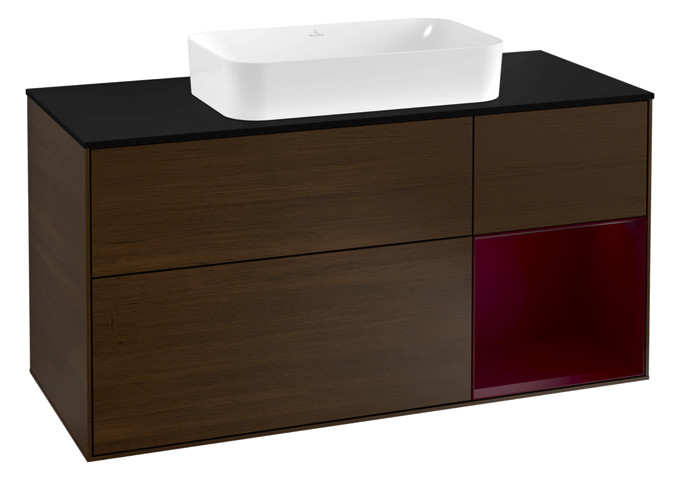 V&B Waschtisch-Unterschrank Finion 120cm, Abdeckplatte black matt, Regal rechts Peony, Walnut veneer