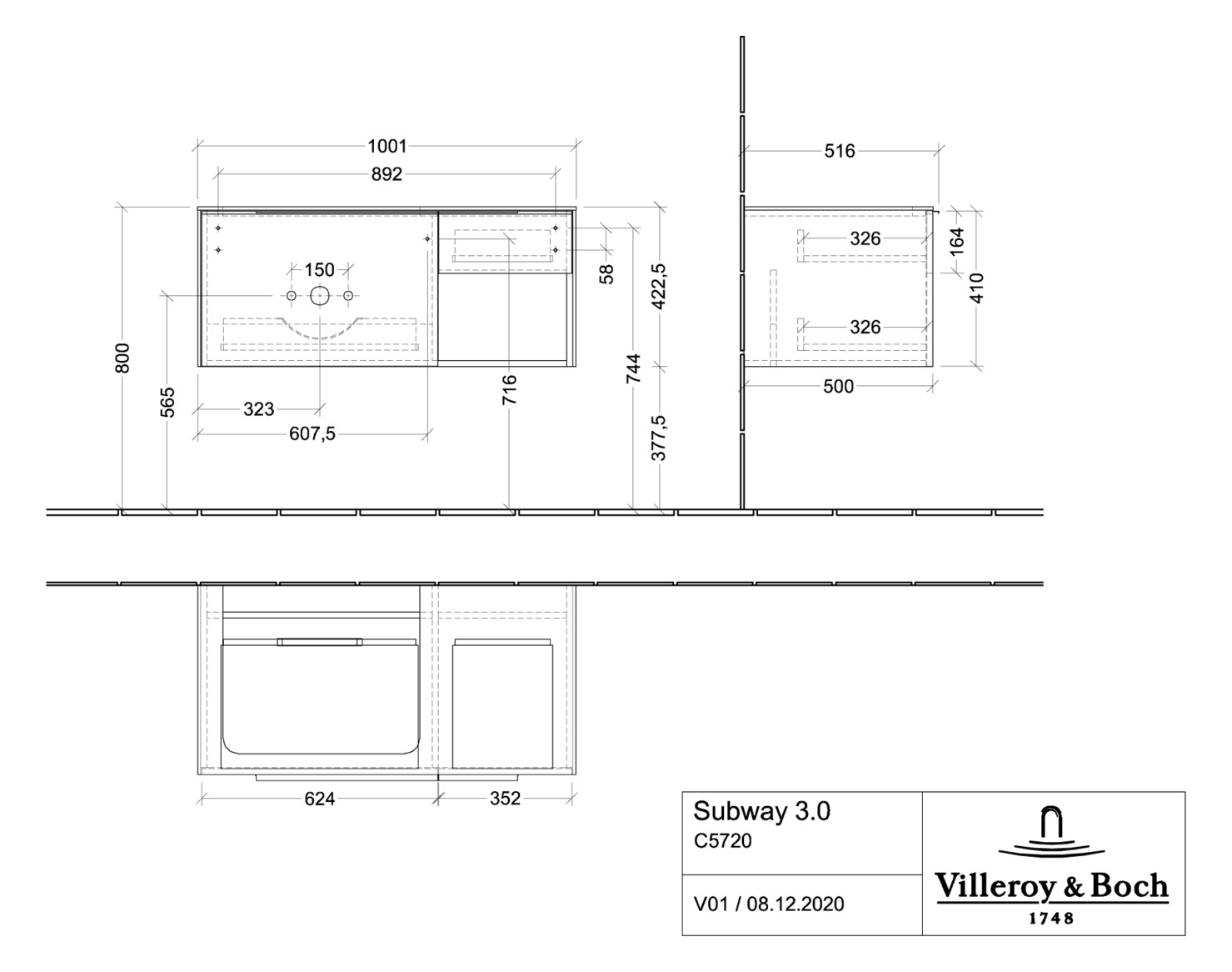 V&B Waschtisch-Unterschrank Becken links Subway 3.0 100,1x42,25x51,6cm, ohne LED/Griff monochrom, taupe