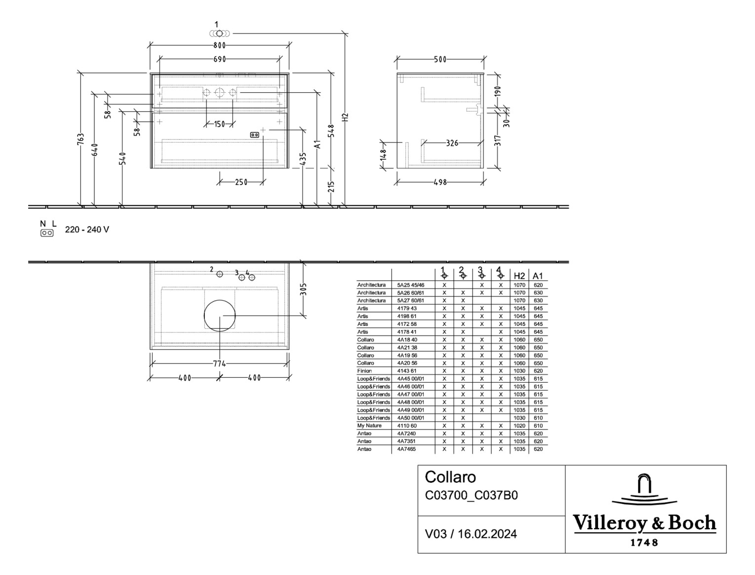 V&B Waschtischunterschrank Collaro 80x54,8x50cm, Waschtisch mittig, LED-Beleuchtung 5,7 W, nordic oak