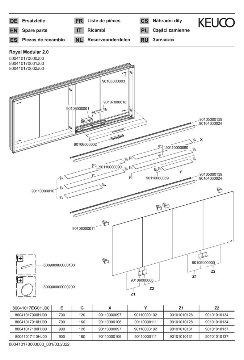 KEUCO Spiegelschrank Royal Modular 2.0 1700 x 700 x 120 mm, 4 Steckdosen, Wandeinbau, 4 Türen, beleuchtet