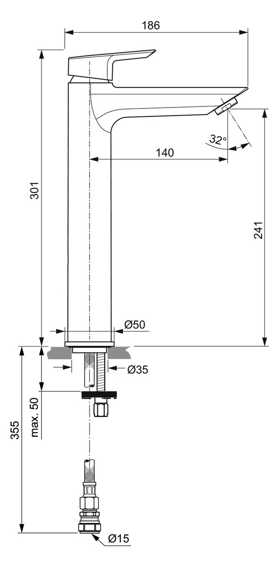 Ideal-Standard Waschtisch-Einhebelmischer Tesi mit verlängertem Sockel, ohne Ablaufgarnitur, verchromt