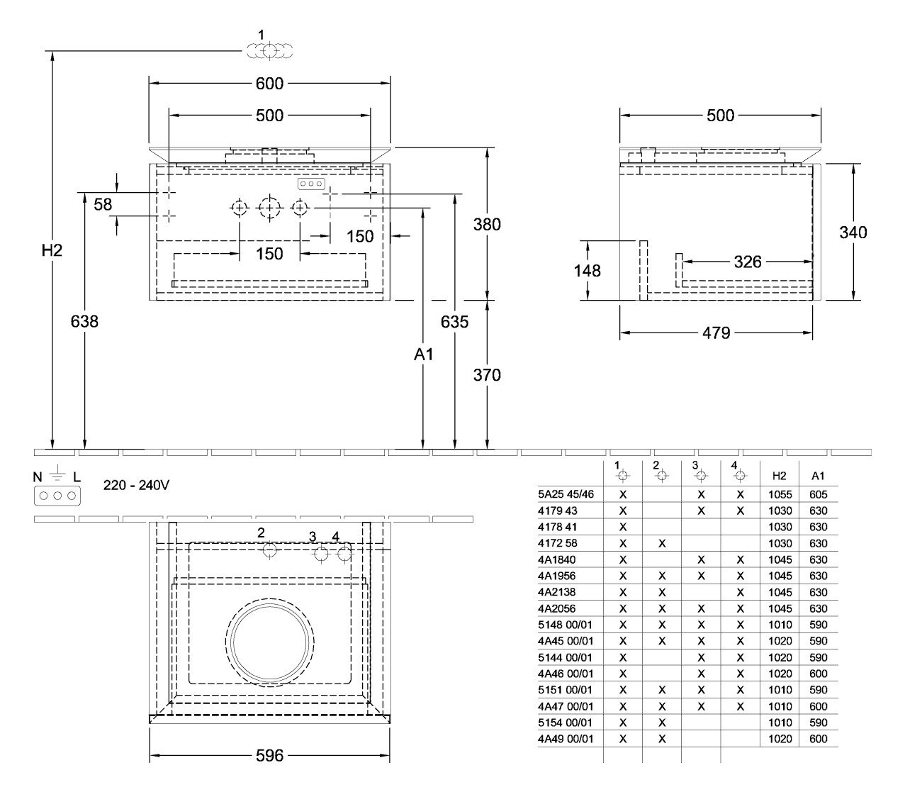 V&B Waschtischunterschrank Legato 60x38x50cm, Waschtisch mittig, mit LED-Beleuchtung, White Wood