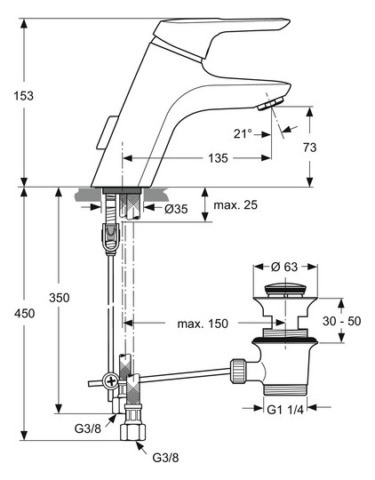 Ideal-Standard Waschtisch-Einhebelmischer CeraMix Blue mit Metall-Ablaufgarnitur, WELL 4 Sterne, chrom