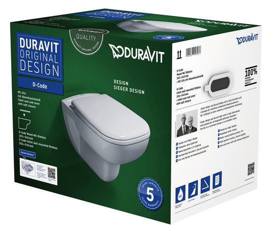 Duravit Wand-Tiefspül-WC Set D-Code mit WC-Sitz, Rimless, Durafix, weiß