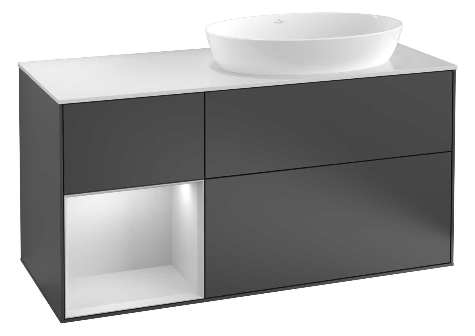 V&B Waschtisch-Unterschrank Wandbeleuchtung Finion 120cm, Abdeckplatte white matt, Regal Walnut Veneer, Walnut veneer