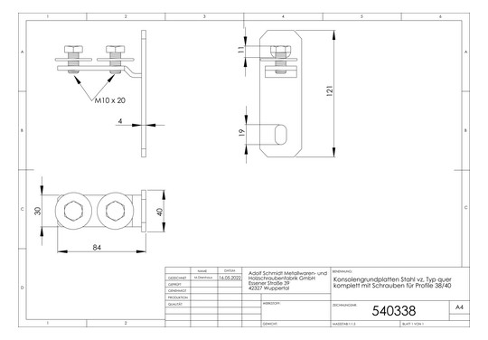 ASW Konsolengrundplatte Stahl verzinkt, mit Schrauben, für Profil 38/40, quer