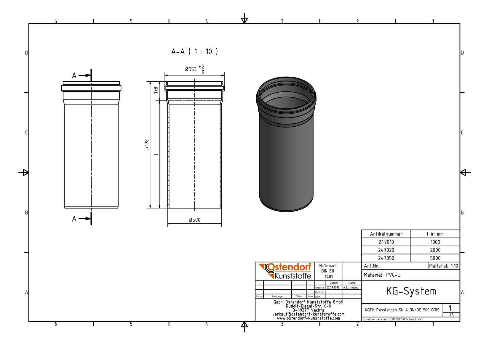 Ostendorf KG Rohr SN 4 EM DN/OD 500 x 12,3 mm, 1000 mm, mit Steckmuffe/Lippendichtung