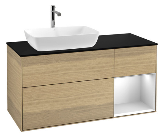 V&B Waschtisch-Unterschrank Finion 120cm, Abdeckplatte black matt, Regal White matt lacquer, Oak Veneer