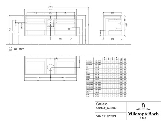 V&B Waschtischunterschrank Collaro 140x54,8x50cm, Waschtisch mittig, LED-Beleuchtung 10,4 W, nordic oak