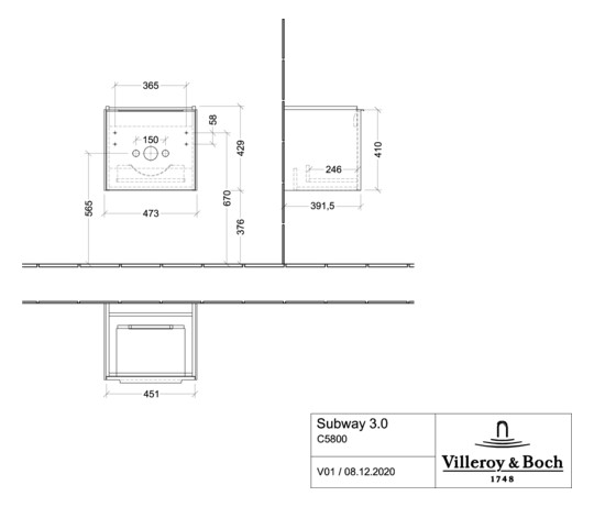 V&B Waschtisch-Unterschrank Subway 3.0 47,3x42,9x40,8cm, ohne LED/Griff Aluminium glänzend, brilliant white