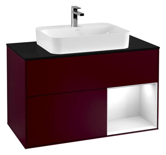 V&B Waschtisch-Unterschrank Wandbeleuchtung Finion 100cm, Abdeckplatte black matt, Regal rechts Glossy white lacquer, Peony Matt