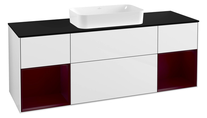 V&B Waschtisch-Unterschrank Wandbeleuchtung Finion 160cm, Abdeckplatte black matt, Regal Peony matt lacquer, Glossy white lacquer