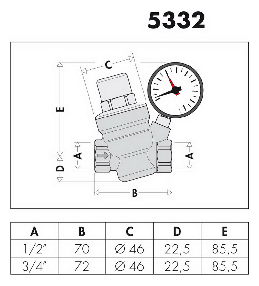 Caleffi Schrägsitz-Druckminderer 1/2" IG, verchromt, 1-6 bar, mit Manometer 0-10 bar