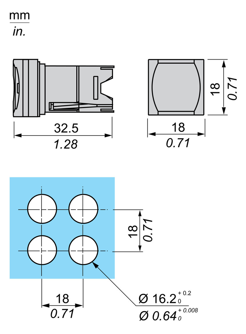 Drucktaster Front 1f ws bel.b Ø16mm IP65 quadrat Geeignet für Beleuchtung