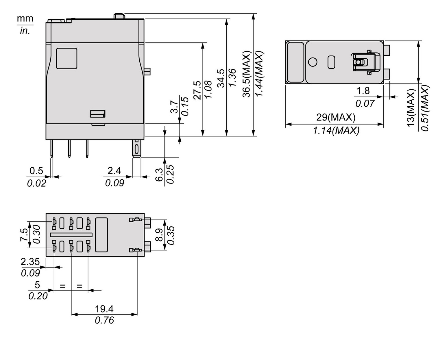 Schaltrelais 2W IP20 13x30x34,5mm Schraub