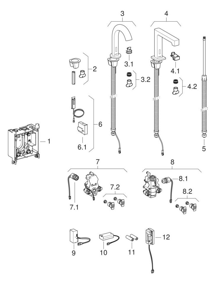 Geberit Infrarot-Waschtisch-Armatur Brenta mit Thermostatmischer, Standmontage, Batteriebetrieb, UP-Funktionsbox, hochglanz-verchromt
