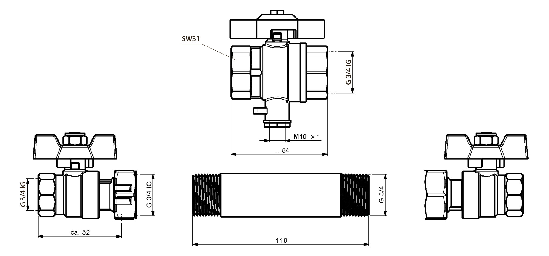Deltamess Einbausatz G 3/4 (G 3/4) x 110 mm, mit 2 Kugelhahnverschraubungen