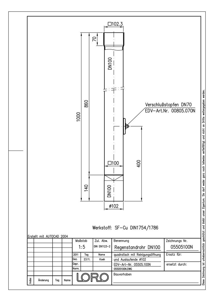 LORO N Regenstandrohr DN 100, mit Reinigungsöffnung, 1000mm, quadratisch, Kupfer
