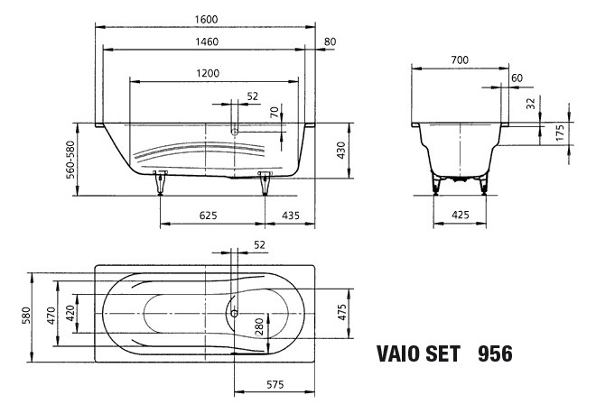Kaldewei Badewanne VAIO SET 956 160x70cm, Sonderüberlauf, bahamabeige