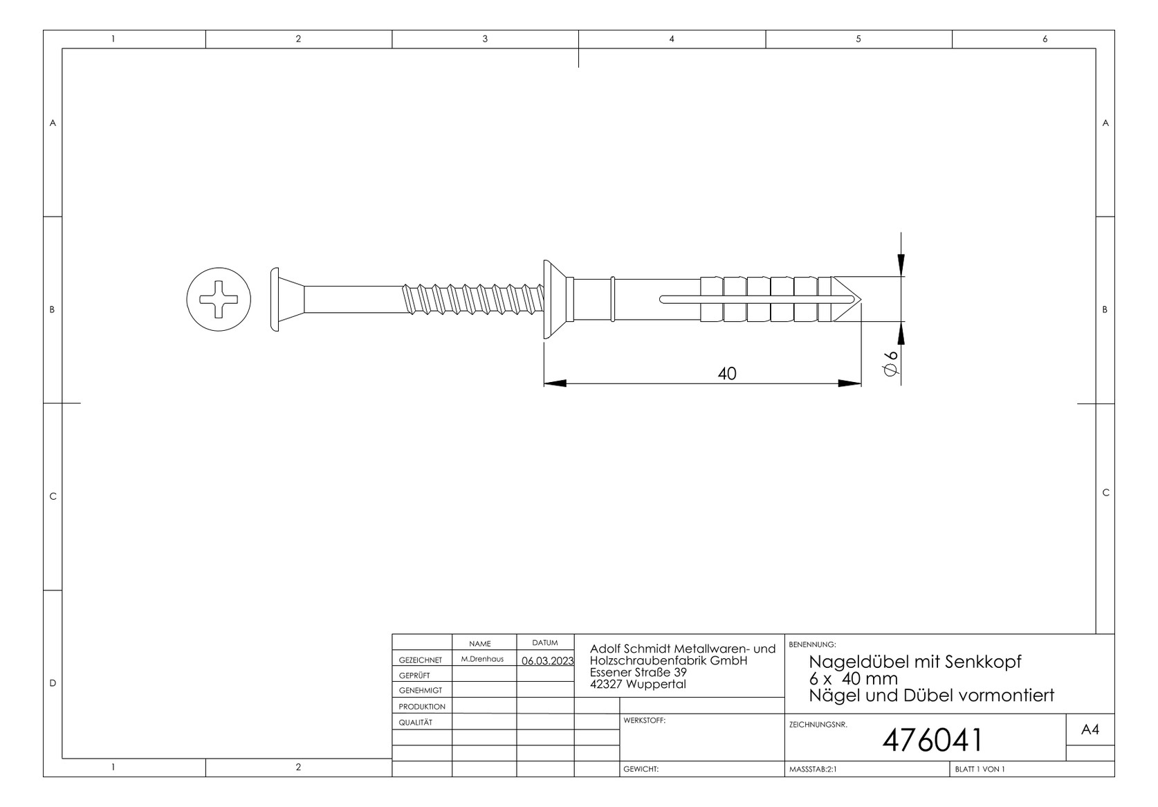 ASW Nageldübel 6,0 mm x 40 mm, verzinkt, mit Senkkopf
