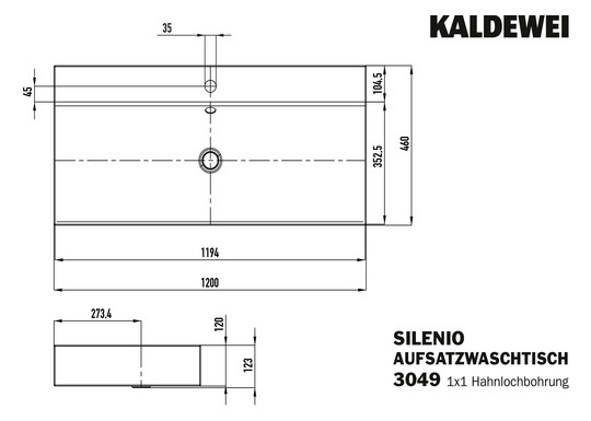 Kaldewei Aufsatz-Waschtisch SILENIO 3049, 120 x 46 x 12 cm, warm beige 20 Perl-Effekt, ohne Überlauf, 1 Hahnloch