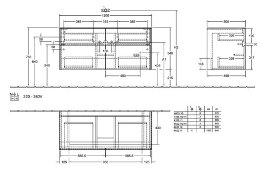 V&B Waschtischunterschrank Collaro 120x54,8x50cm, Waschtisch mittig, LED-Beleuchtung 8,8 W, white wood