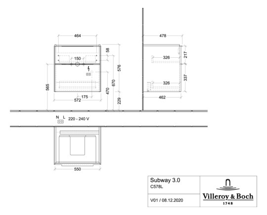 V&B Waschtisch-Unterschrank Subway 3.0 57,2x57,6x47,8cm, mit LED/Griff Volcano black, kansas oak