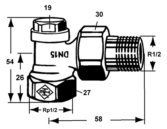 Heimeier Rücklaufverschraubung Regulux DN 15, Rp 1/2 x R 1/2, Eck, mit Voreinstellung, Entleerung, Rotguss