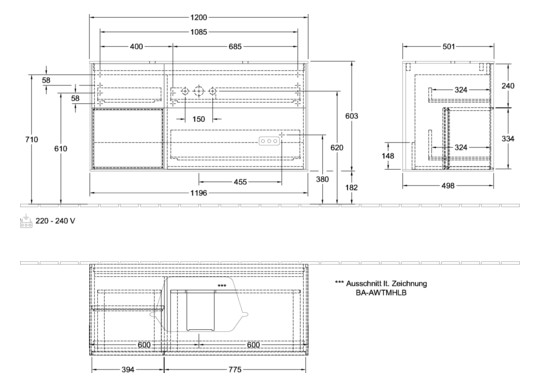 V&B Waschtisch-Unterschrank Wandbeleuchtung Finion 120cm, Abdeckplatte white matt, Regal links Walnut veneer, Black matt lacquer