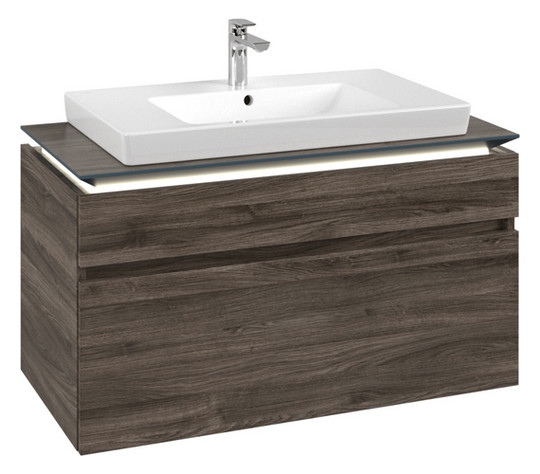 V&B Waschtischunterschrank Legato 100x55x50cm, Waschtisch mittig, mit LED-Beleuchtung, Stone Oak