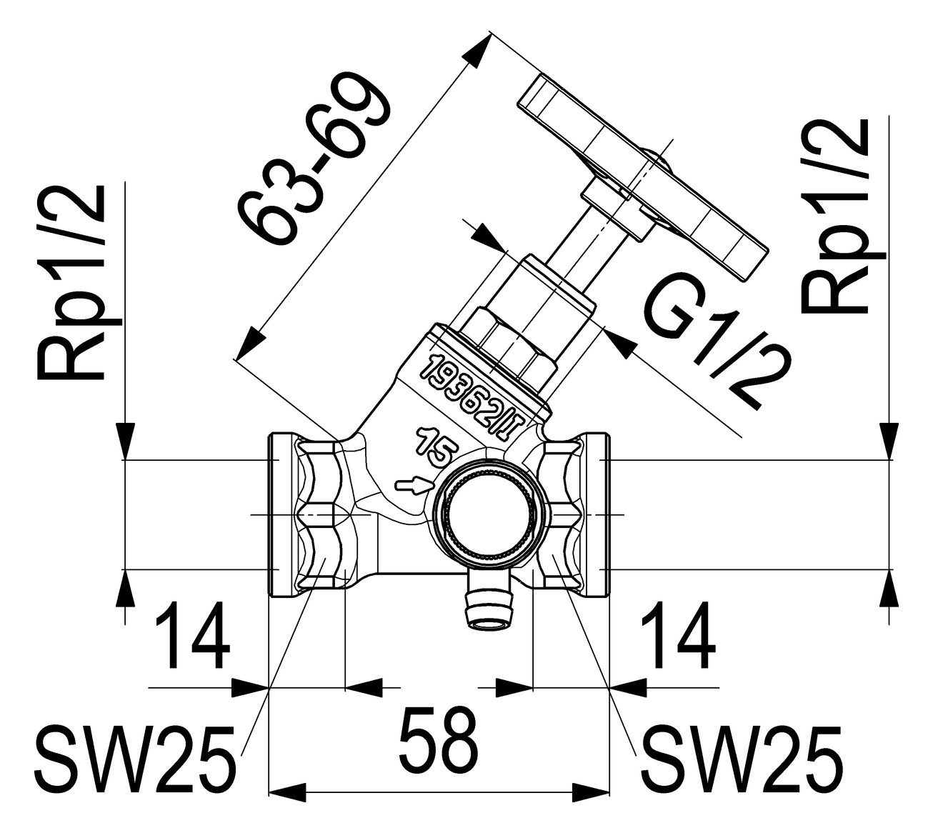 Schlösser Schrägsitzventil 1410 DN 15, Rp 1/2, mit Entleerung, steigende Spindel