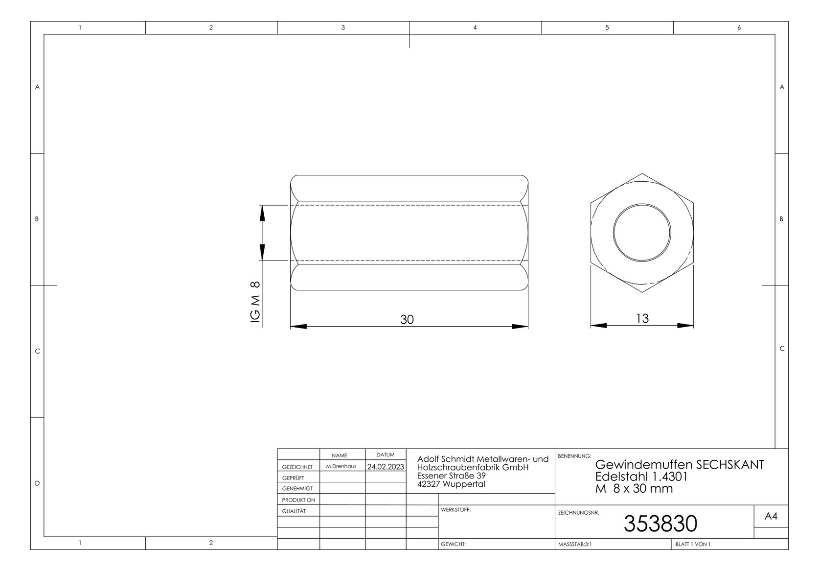 ASW Sechskant-Gewindemuffe M 8 x 30 mm, Edelstahl 1.4301