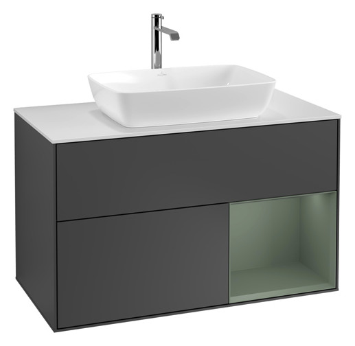 V&B Waschtisch-Unterschrank Wandbeleuchtung Finion 100cm, Abdeckplatte white matt, Regal Olive matt lacquer, Anthracite matt