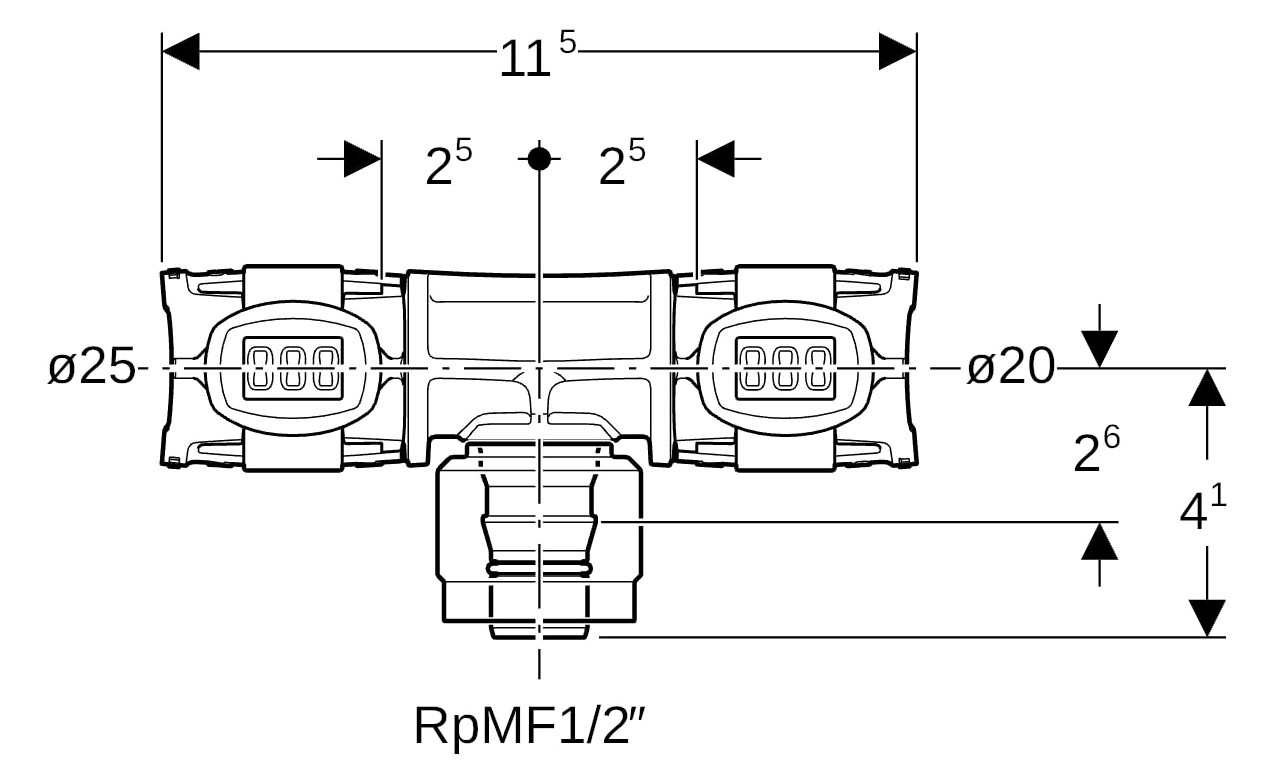 Geberit Übergangs-T-Stück FlowFit Ø 25 mm x Rp MF 1/2 x 20 mm, mit MasterFix, Durchgang