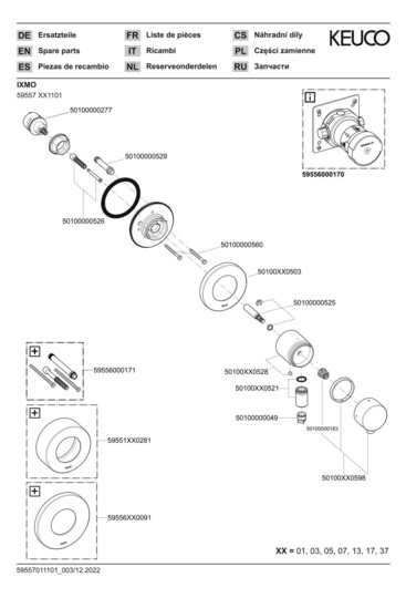 KEUCO Fertigmontageset IXMO UP-2-Wege-Ab-/Umstellventil, Schlauchanschluss, Griff Comfort, rund, schwarz matt