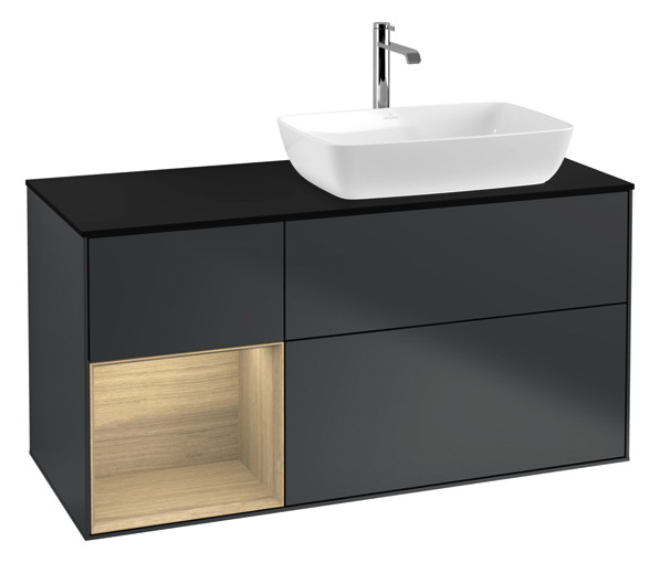 V&B Waschtisch-Unterschrank Finion 120cm, Abdeckplatte black matt, Regal Oak Veneer, Midnight Blue Matt Lacquer