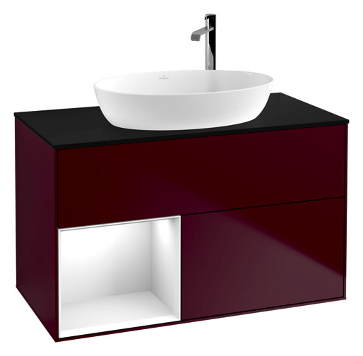 V&B Waschtisch-Unterschrank Finion 100cm, Abdeckplatte black matt, Regal Glossy white lacquer, Peony Matt