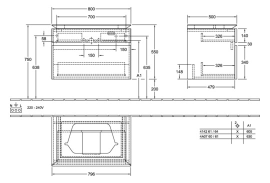 V&B Waschtischunterschrank Legato 80x55x50cm, Waschtisch mittig, Stone Oak
