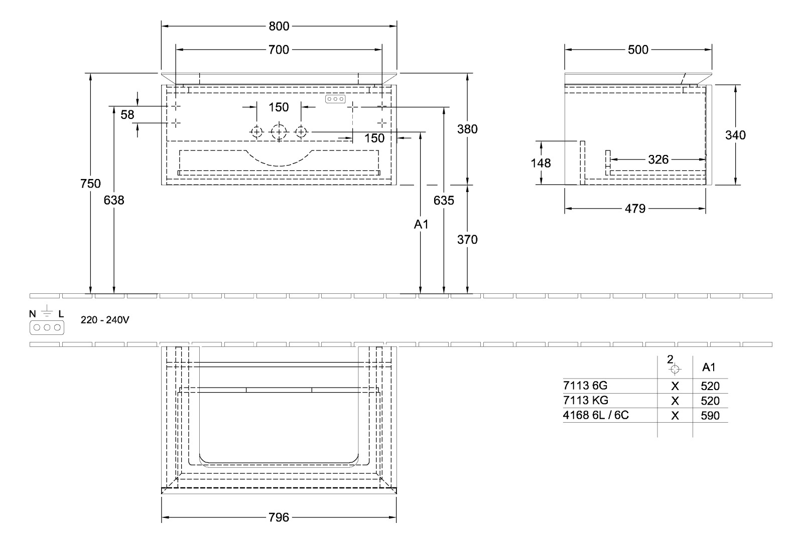 V&B Waschtischunterschrank Legato 80x38x50cm, Waschtisch mittig, mit LED-Beleuchtung, Kansas Oak