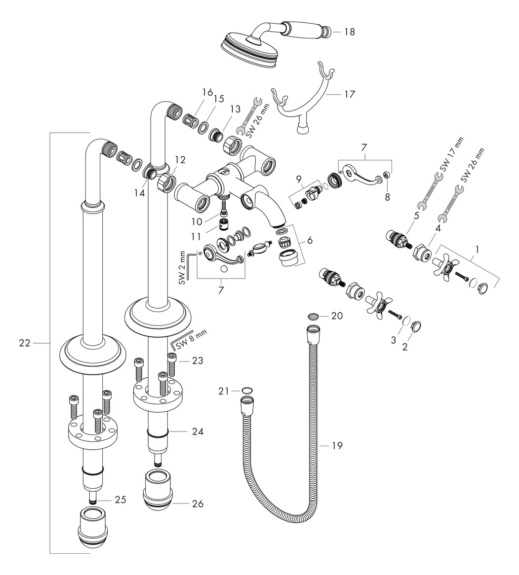hansgrohe Fertigmontageset Axor Montreux 2-Griff-Wannen-Armatur, bodenstehend, mit Kreuzgriffen, brushed nickel