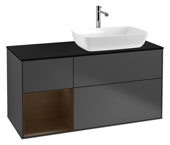 V&B Waschtisch-Unterschrank Finion 120cm, Abdeckplatte black matt, Regal Walnut Veneer, Anthracite matt