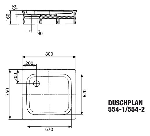 Kaldewei Duschwanne DUSCHPLAN 554-1 75x80x6,5cm, Antislip Perl-Effekt, schwarz