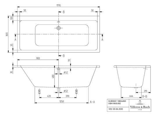 VB Badewanne Subway 1800x800x505mm re-eckig m. Sys AC TP1 MT Weiß Alpin