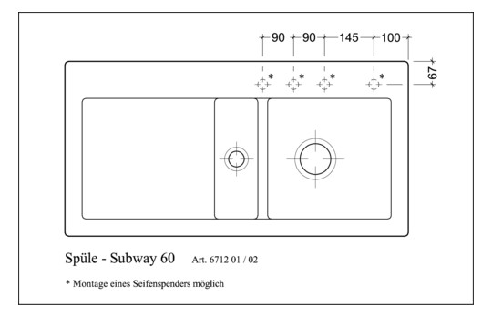 V&B Spüle Subway 60 rechts, mit Ablaufgarnitur, Handbetätigung, timber CeramicPlus